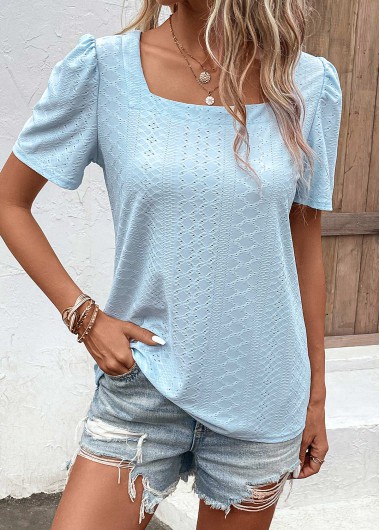 Light Blue tops,Plain Color tops,Hole Light Blue Square Neck T Shirt