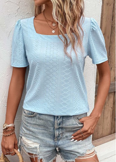 Light Blue tops,Plain Color tops,Hole Light Blue Square Neck T Shirt