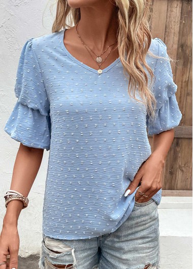 Dusty Blue tops,Plain Color tops,Lightweight Dusty Blue V Neck Half Sleeve Blouse