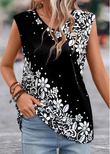 Black tops,Floral tops,Dot tops,Plants tops,Lightweight Floral Print Black V Neck T Shirt