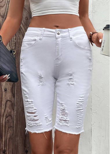 White bottoms,Plain Color bottoms,Pocket White Skinny Button Fly Mid Waisted Denim Shorts