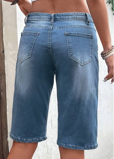 Dark Blue bottoms,Plain Color bottoms,Hole Dark Blue Button Fly Denim Shorts