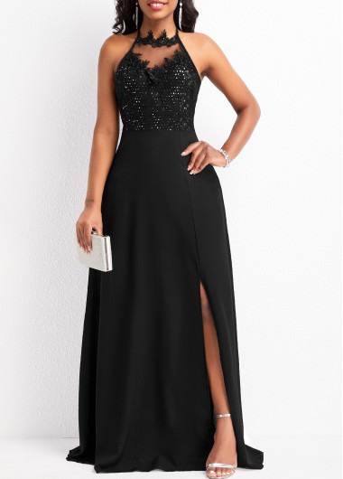 Black dresses,Plain Color dresses,Tie Patchwork Black Sleeveless Maxi Dress