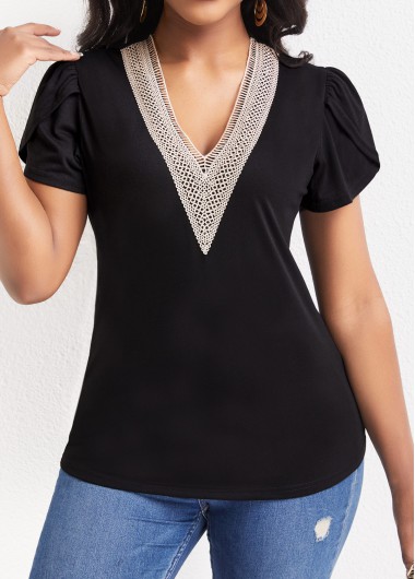 Black tops,Plain Color tops,Patchwork Black V Neck Short Sleeve T Shirt