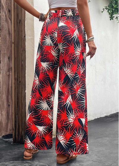 Red bottoms,Black bottoms,Plants bottoms,Lightweight Leaf Print Red Elastic Waist Pants