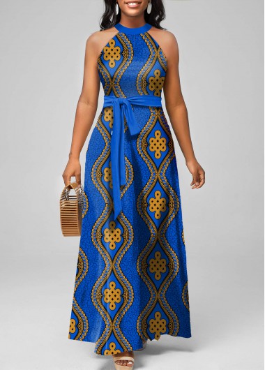 Blue dresses,Tribal dresses,ROTITA Tie Tribal Print Blue Belted Maxi Dress