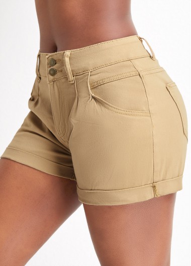 Light Camel bottoms,Plain Color bottoms,Pocket Light Camel Skinny Zipper Fly Shorts