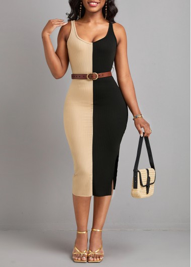 Black dresses,Light Camel dresses,Contrast Color dresses,Split Black Scoop Neck Sleeveless Bodycon Dress