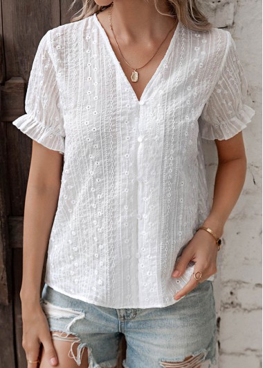 White tops,Plain Color tops,Button White V Neck Short Sleeve Blouse