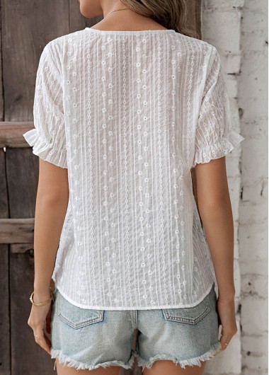 White tops,Plain Color tops,Button White V Neck Short Sleeve Blouse