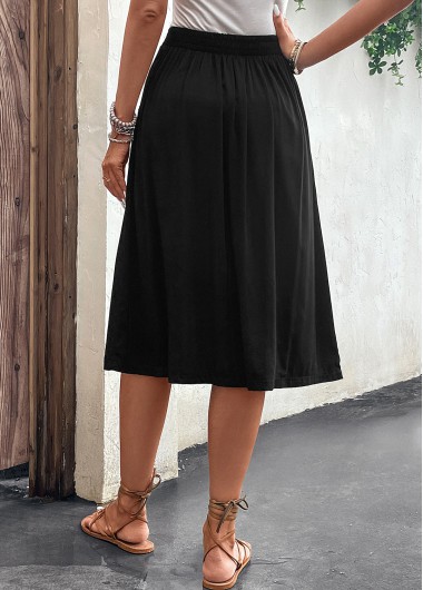 Black bottoms,Plain Color bottoms,Button Black Elastic Waist A Line Skirt