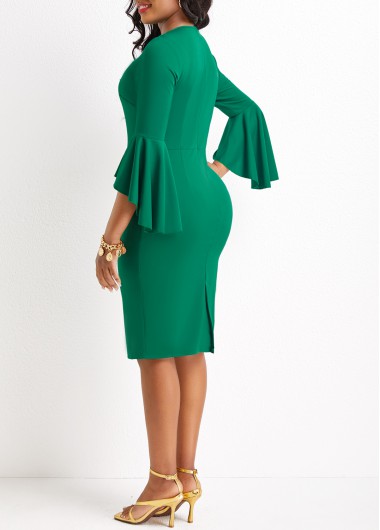 Green dresses,Plain Color dresses,Split Green Round Neck Bodycon Dress