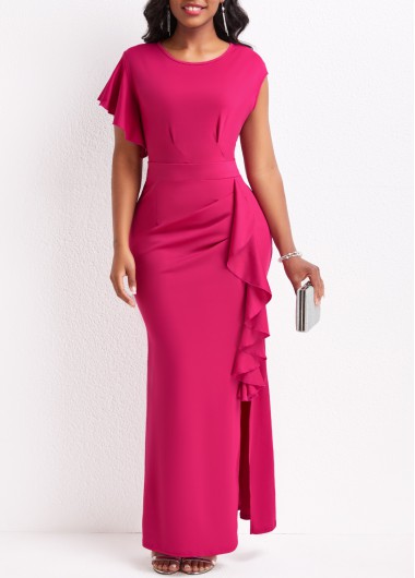 Hot Pink dresses,Plain Color dresses,Ruffle Hot Pink Round Neck Dress