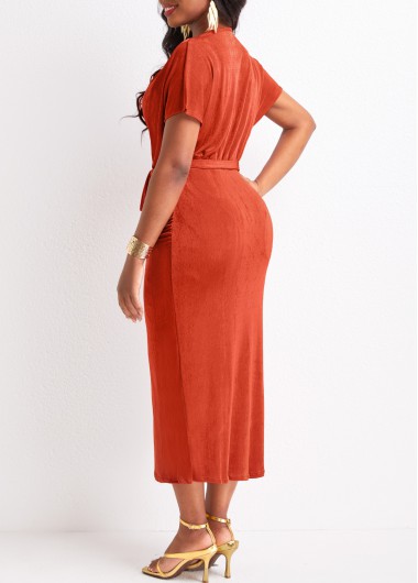 Red dresses,Plain Color dresses,Ruched Patchwork Red Belted V Neck Bodycon Dress