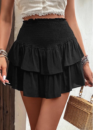 Black bottoms,Plain Color bottoms,Smocked Black Short Elastic Waist A Line Skirt
