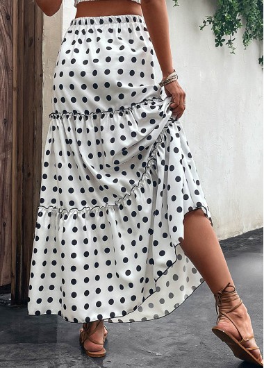 White bottoms,Dot bottoms,Ruched Polka Dot White Elastic Waist Skirt