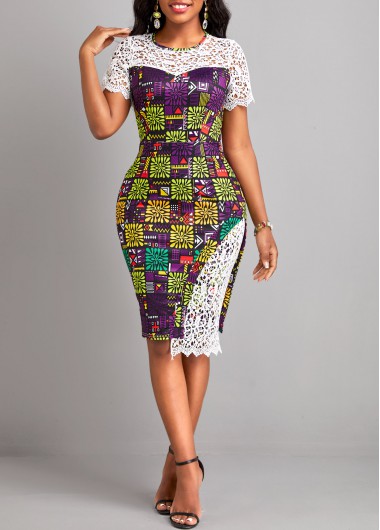 Multi Color dresses,Tribal dresses,Tribal Print Multi Color Round Neck Bodycon Dress