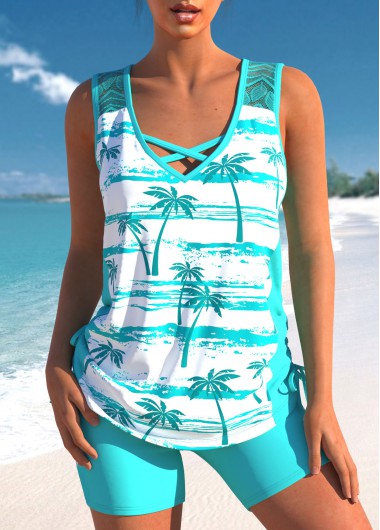 Cyan swimwear,White swimwear,Plants swimwear,ROTITA Lace Cyan Tropical Plants Print Tankini Set