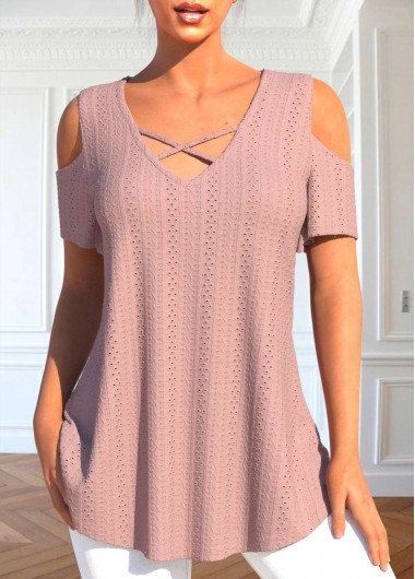 Dusty Pink tops,Plain Color tops,ROTITA Breathable Dusty Pink V Neck T Shirt