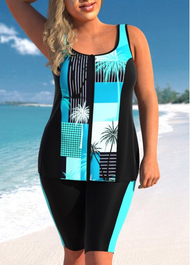Cyan plus size,Black plus size,Plants plus size,Geometric plus size,Striped plus size,ROTITA Plus Size Mid Waisted Patchwork Tankini Set