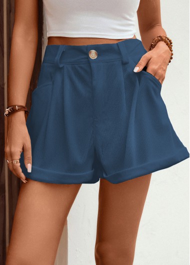 Blue bottoms,Plain Color bottoms,Pocket Blue Button Fly High Waisted Shorts