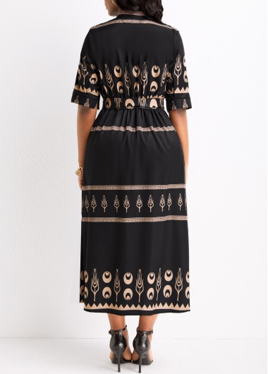 Black dresses,Tribal dresses,Geometric dresses,Button Tribal Print Black Belted Half Sleeve Dress