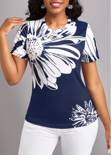 Navy tops,White tops,Floral tops,Lightweight Floral Print Navy Round Neck T Shirt