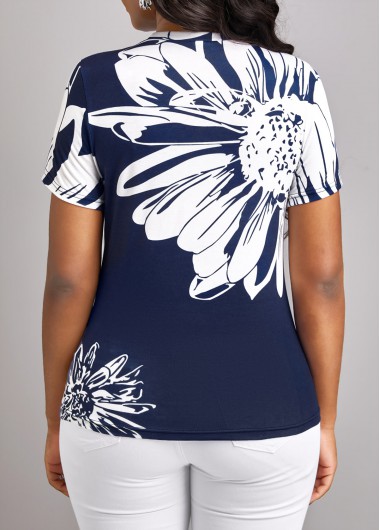Navy tops,White tops,Floral tops,Lightweight Floral Print Navy Round Neck T Shirt