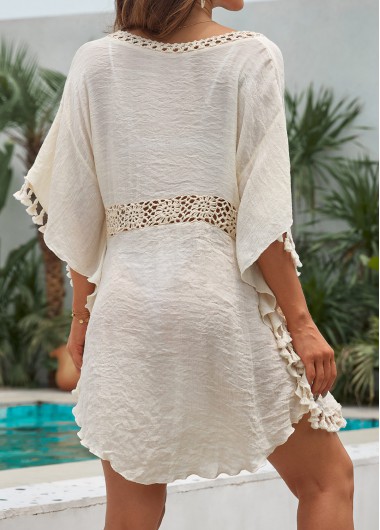 Beige swimwear,Plain Color swimwear,Patchwork Tassel Detail Beige Cover Up