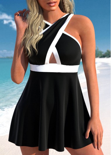 Black swimwear,Contrast Color swimwear,ROTITA Patchwork Criss Cross Neck Black Swimdress Top