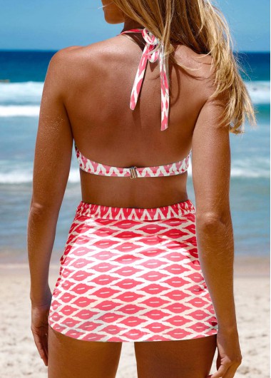 Coral swimwear,White swimwear,Geometric swimwear,ROTITA Cross Hem Coral Geometric Print Bikini Set