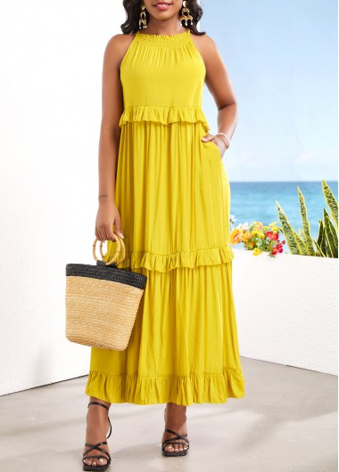 Yellow dresses,Plain Color dresses,Ruched Tie Back Yellow Sleeveless Maxi Dress