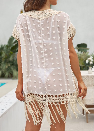 Beige swimwear,Plain Color swimwear,Weave Patchwork Tassel Beige Cover Up