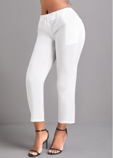 White bottoms,Plain Color bottoms,Pocket White Drawastring Mid Waisted Pants