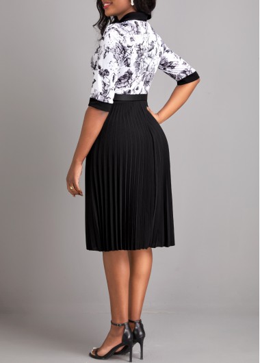 Black dresses,Floral dresses,Plants dresses,ROTITA Pleated Floral Print Black Belted Shirt Collar Dress