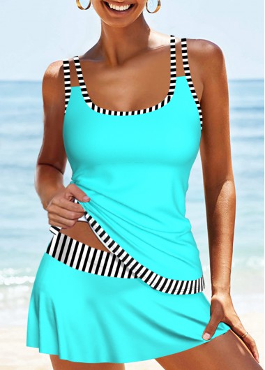 Cyan swimwear,Contrast Color swimwear,Striped swimwear,ROTITA Criss Cross Cyan Mid Waisted Tankini Set