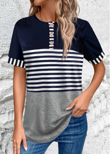 Navy tops,Grey tops,Striped tops,ROTITA Button Striped Navy Round Neck T Shirt