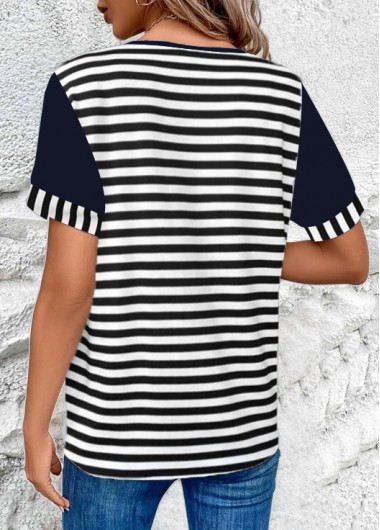 Navy tops,Grey tops,Striped tops,ROTITA Button Striped Navy Round Neck T Shirt