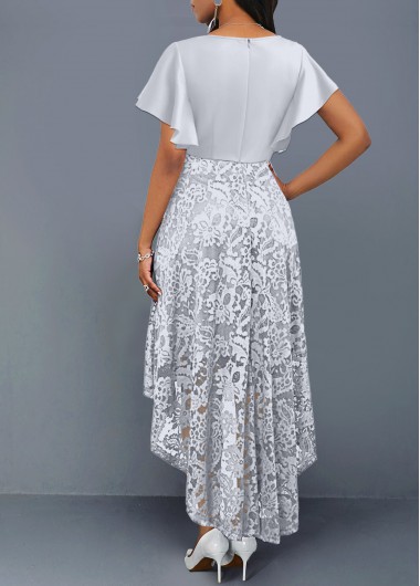 Silver dresses,Plain Color dresses,ROTITA Lace Silver V Neck Short Sleeve Dress