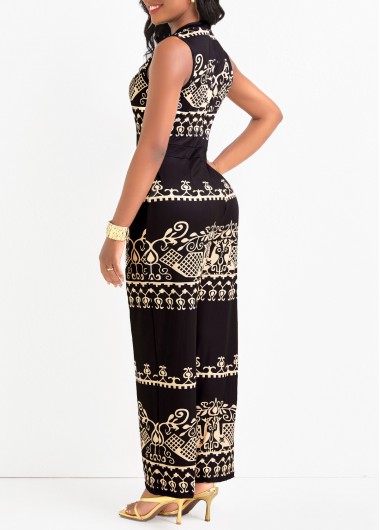 Black jumpsuits & rompers,Tribal jumpsuits & rompers,Lightweight Tribal Print Black Ankle Length Sleeveless Jumpsuit