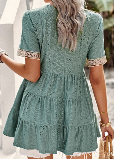 Green tops,Plain Color tops,Smocked Green V Neck Short Sleeve T Shirt