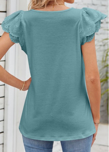 Mint Green tops,Plain Color tops,Patchwork Mint Green Square Neck T Shirt
