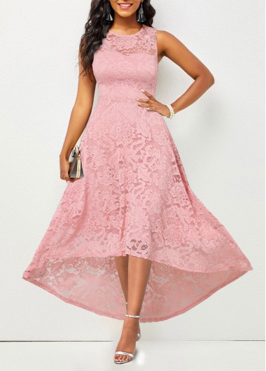 Pink dresses,Plain Color dresses,ROTITA Lace Pink High Low Round Neck Sleeveless Dress