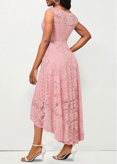 Pink dresses,Plain Color dresses,ROTITA Lace Pink High Low Round Neck Sleeveless Dress