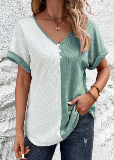 Sage Green tops,White tops,Contrast Color tops,ROTITA Patchwork Sage Green V Neck T Shirt