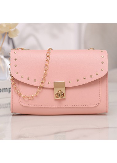 Pink accessories,Plain Color accessories,Pink Chains Rivet Turnlock Shoulder Bag