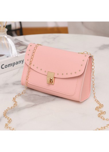 Pink accessories,Plain Color accessories,Pink Chains Rivet Turnlock Shoulder Bag