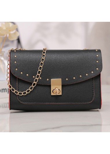 Black accessories,Plain Color accessories,Black Chains Rivet Turnlock Shoulder Bag