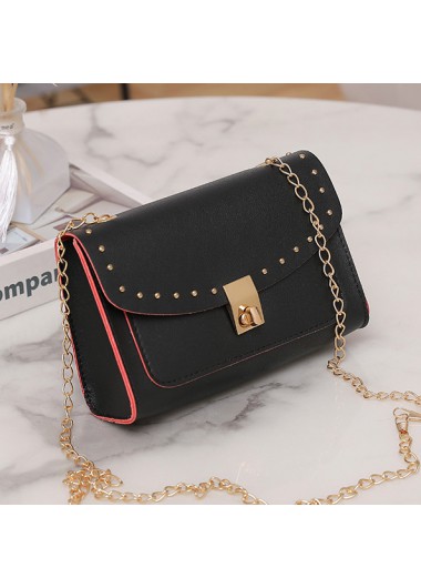 Black accessories,Plain Color accessories,Black Chains Rivet Turnlock Shoulder Bag