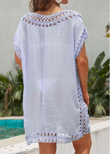 Light Blue swimwear,Plain Color swimwear,Weave Cage Neck Light Blue Cover Up